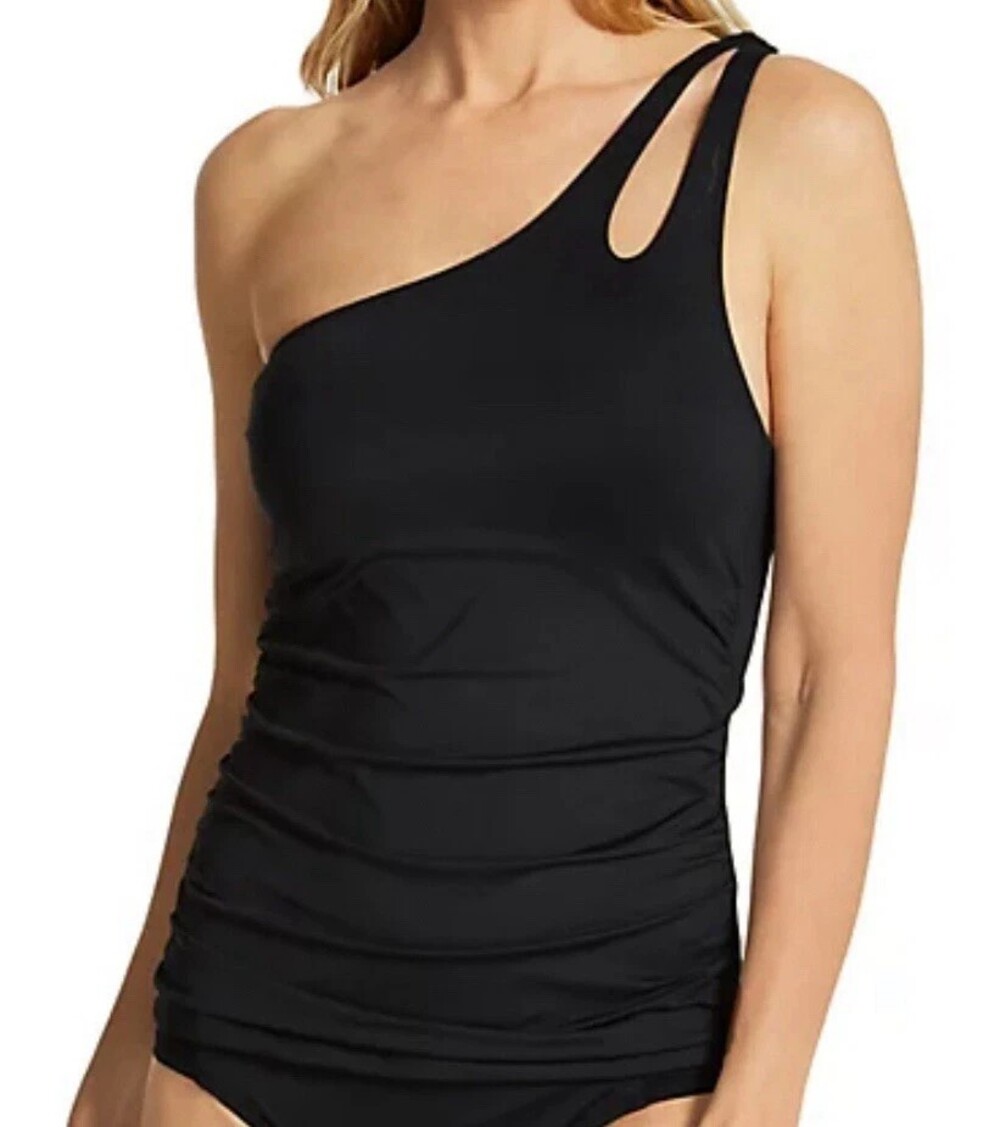La Blanca Island Goddess One Shoulder Tankini Swim Top, Black, Size 12, $93